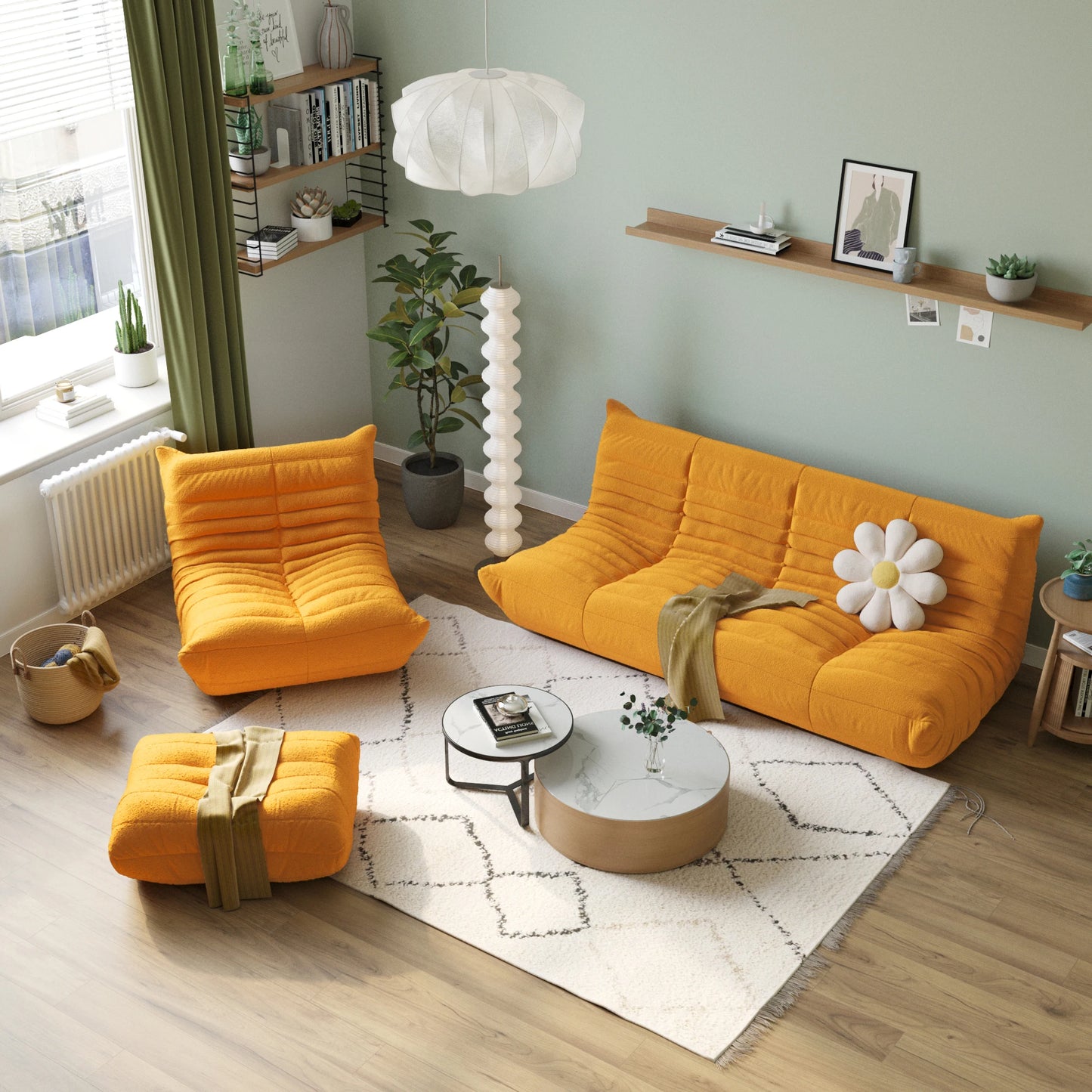 LussoVero Yellow Living Room Sofa Vacuum Compressed Couch Teddy Boucle Floor Lazy Chair Sofa Set