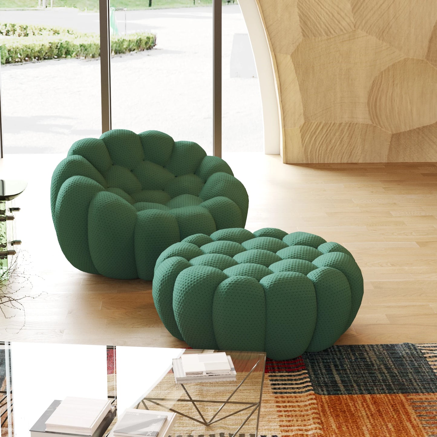 LussoVero Modern 3D Honeycomb Mesh Fabric Green Living Room Bubble Sofa 3 Seater Football Sofas Couch