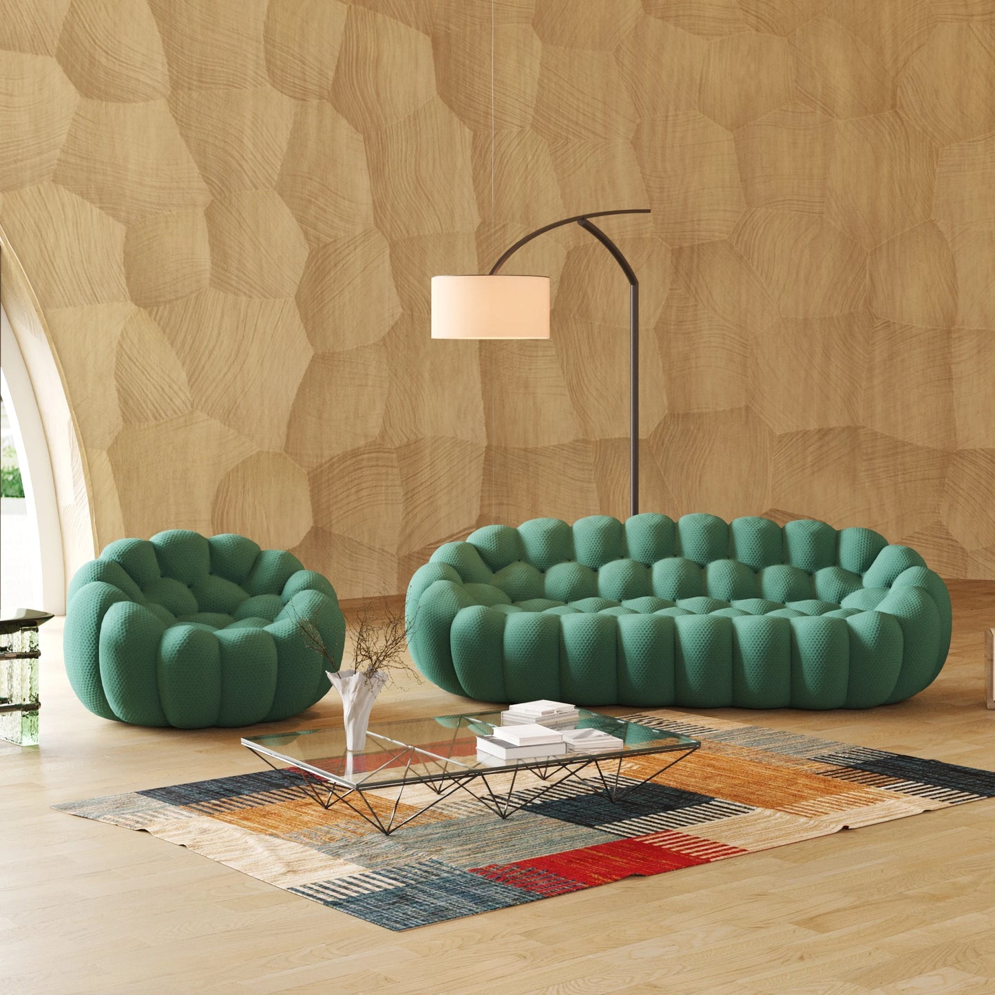 LussoVero Modern 3D Honeycomb Mesh Fabric Green Living Room Bubble Sofa 3 Seater Football Sofas Couch