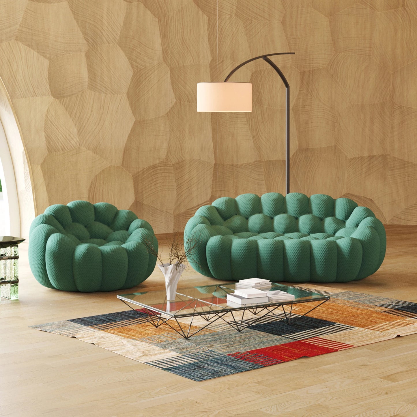 LussoVero Modern 3D Honeycomb Mesh Fabric Green Living Room Bubble Sofa 3 Seater Football Sofas Couch