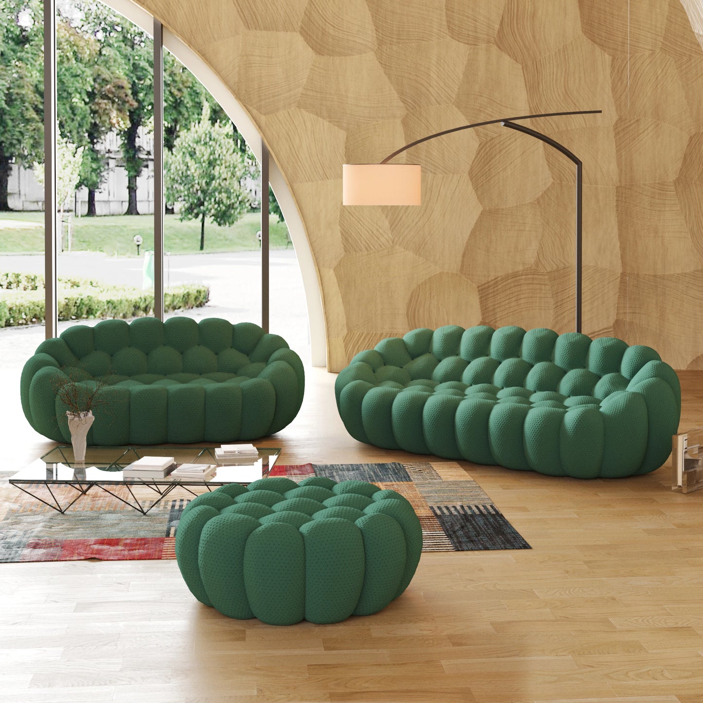 LussoVero Modern 3D Honeycomb Mesh Fabric Green Living Room Bubble Sofa 3 Seater Football Sofas Couch