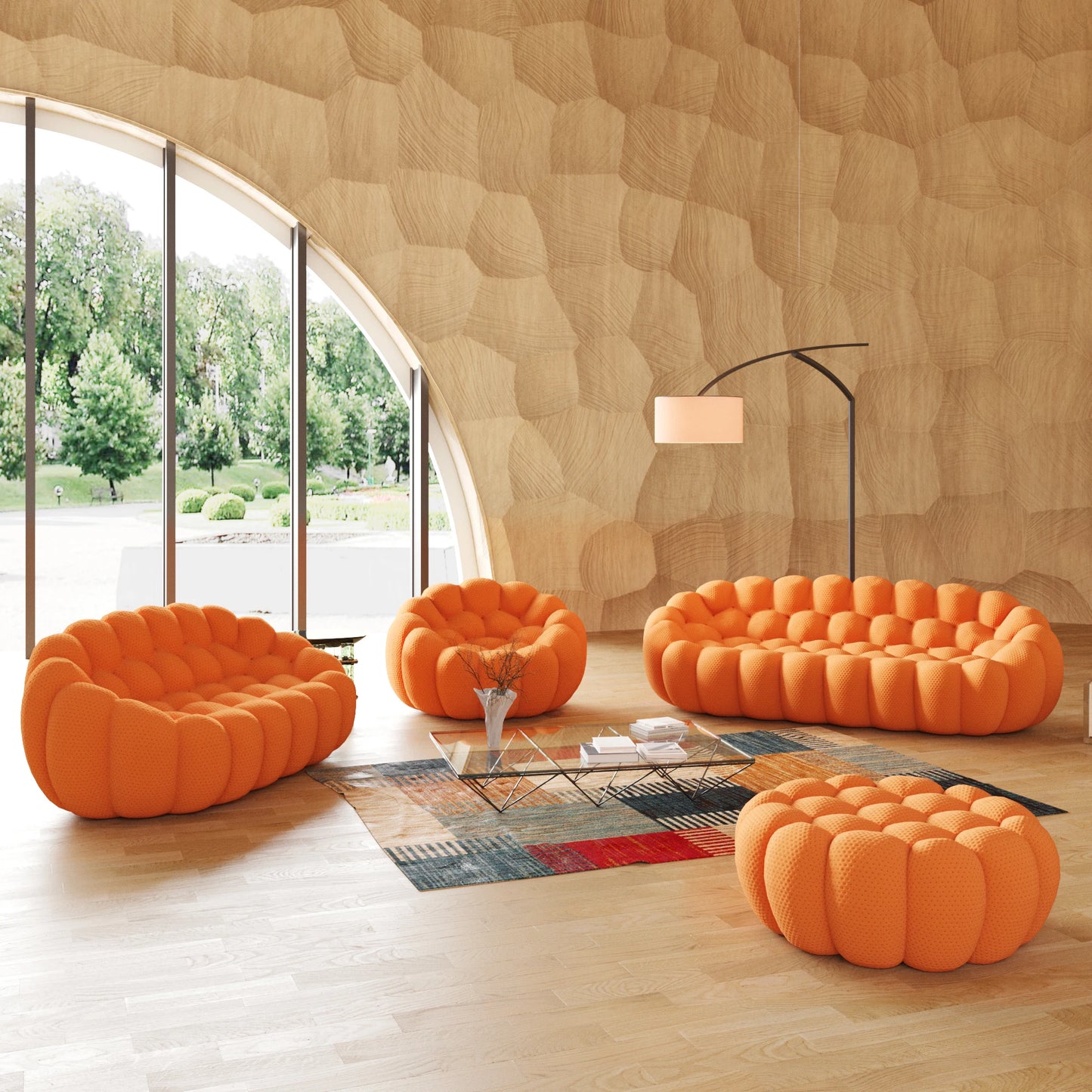 LussoVero Modern 3D Honeycomb Mesh Fabric Green Living Room Bubble Sofa 3 Seater Football Sofas Couch