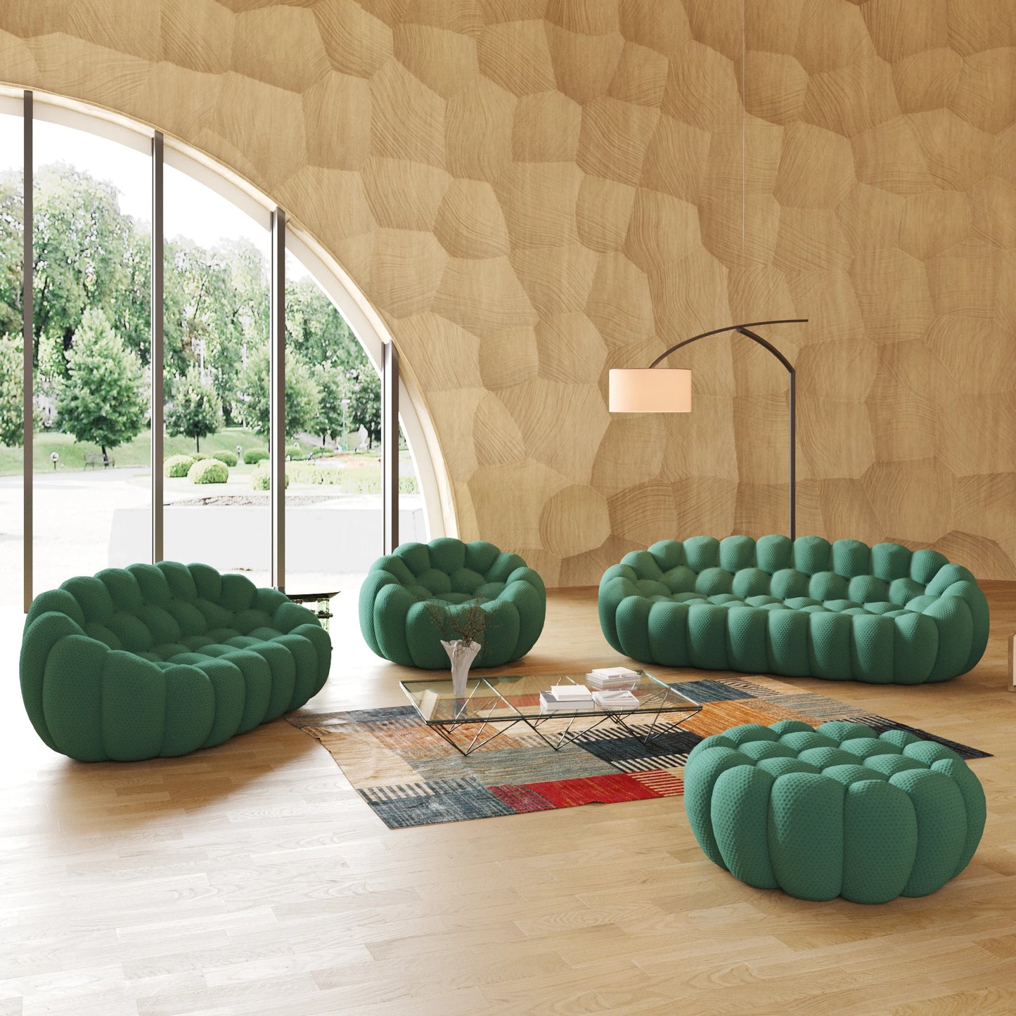 LussoVero Modern 3D Honeycomb Mesh Fabric Green Living Room Bubble Sofa 3 Seater Football Sofas Couch