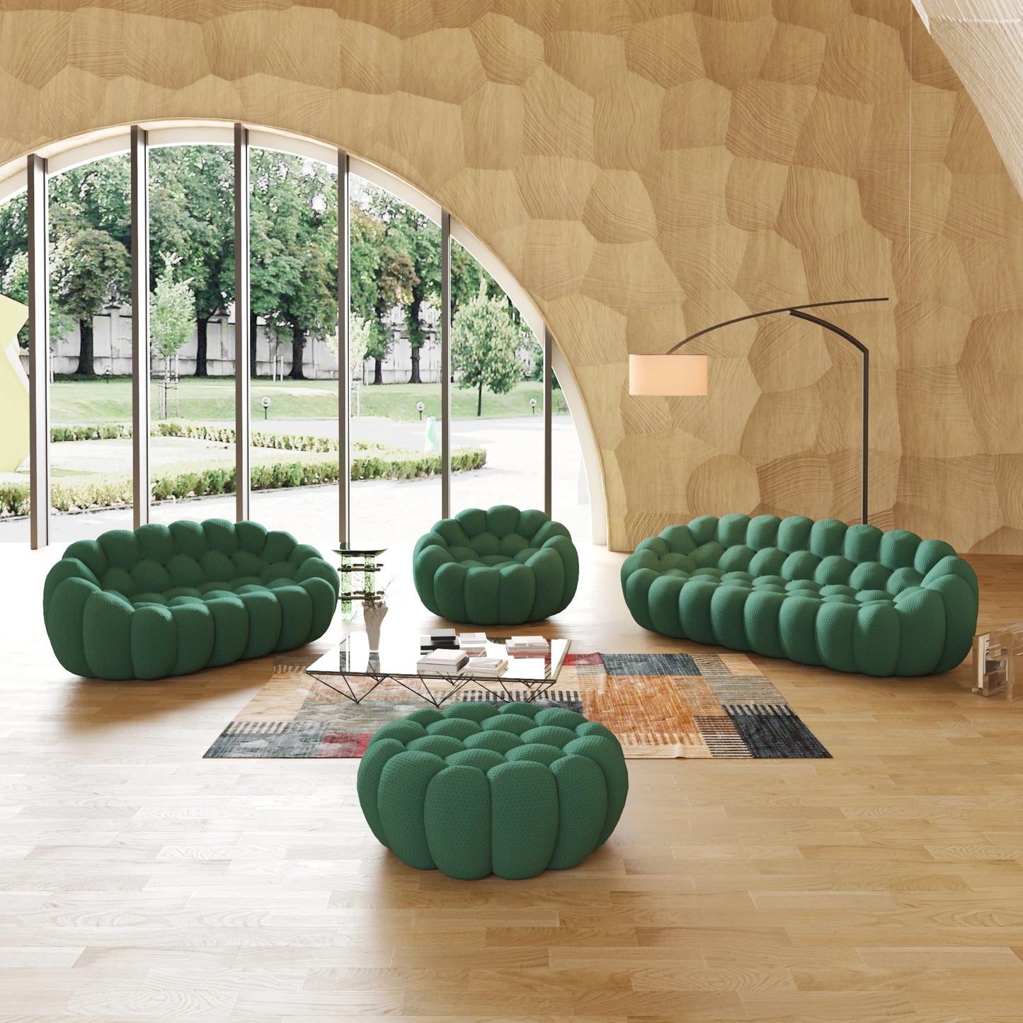 LussoVero Modern 3D Honeycomb Mesh Fabric Green Living Room Bubble Sofa 3 Seater Football Sofas Couch